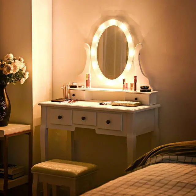 Alt view image 3 of 7 - 5 Drawers Vanity Makeup Dressing Table Stool Set Lighted Mirror W/12 LED Bulbs
