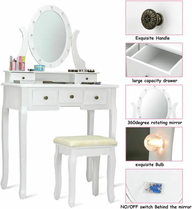 Alt view image 2 of 7 - 5 Drawers Vanity Makeup Dressing Table Stool Set Lighted Mirror W/12 LED Bulbs
