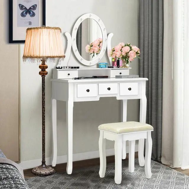 Alt view image 4 of 7 - 5 Drawers Vanity Makeup Dressing Table Stool Set Lighted Mirror W/12 LED Bulbs