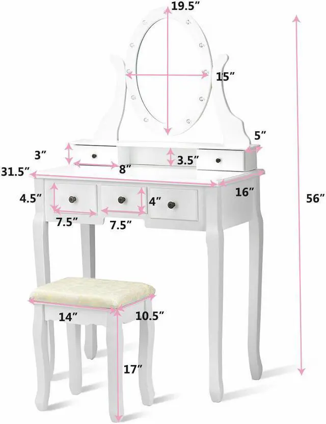 Alt view image 6 of 7 - 5 Drawers Vanity Makeup Dressing Table Stool Set Lighted Mirror W/12 LED Bulbs