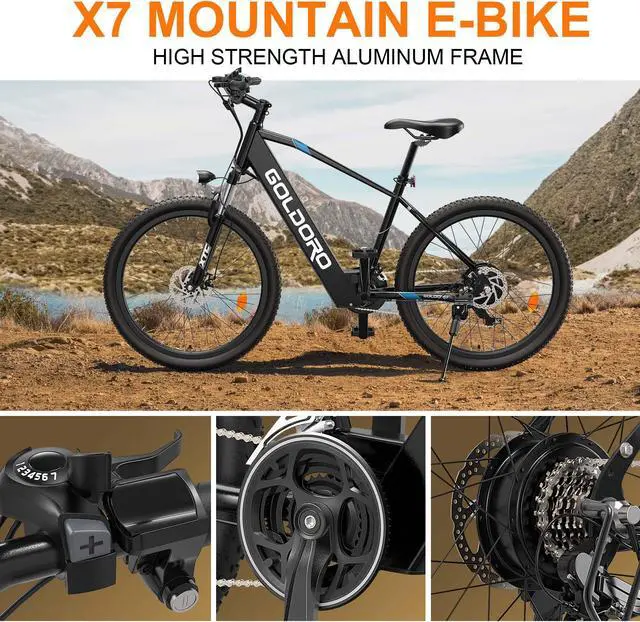 Alt view image 4 of 7 - Goldoro X7 350W Electric Mountain Bike, 36V Brushless Motor with 10AH Lithium Battery, Max Speed 17.4 MPH, 62 Mile Range, Shimano 21 Speed, Black
