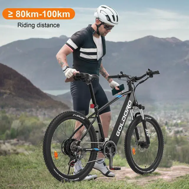 Alt view image 3 of 7 - Goldoro X7 350W Electric Mountain Bike, 36V Brushless Motor with 10AH Lithium Battery, Max Speed 17.4 MPH, 62 Mile Range, Shimano 21 Speed, Black