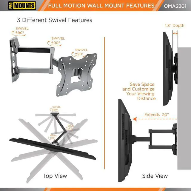 Alt view image 4 of 7 - ProMounts Full Motion TV Wall Mount | For 26"-43" Flat and Curved Screen TVs