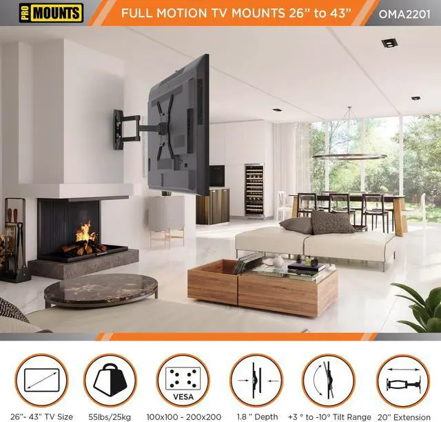 Alt view image 3 of 7 - ProMounts Full Motion TV Wall Mount | For 26"-43" Flat and Curved Screen TVs