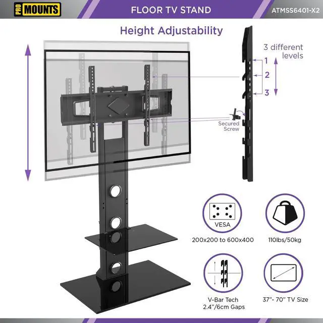 Alt view image 2 of 7 - Modern Metal TV Stand with Swivel Mount for 37"-70" TVs and Tempered Glass Shelf