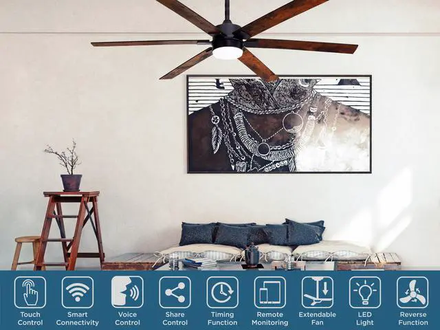 Alt view image 3 of 7 - 60 in. WiFi LED Indoor Wood 3-Blade Smart Ceiling Fan with Temperature Control LED Light (Works with Alexa and Google Assistant)