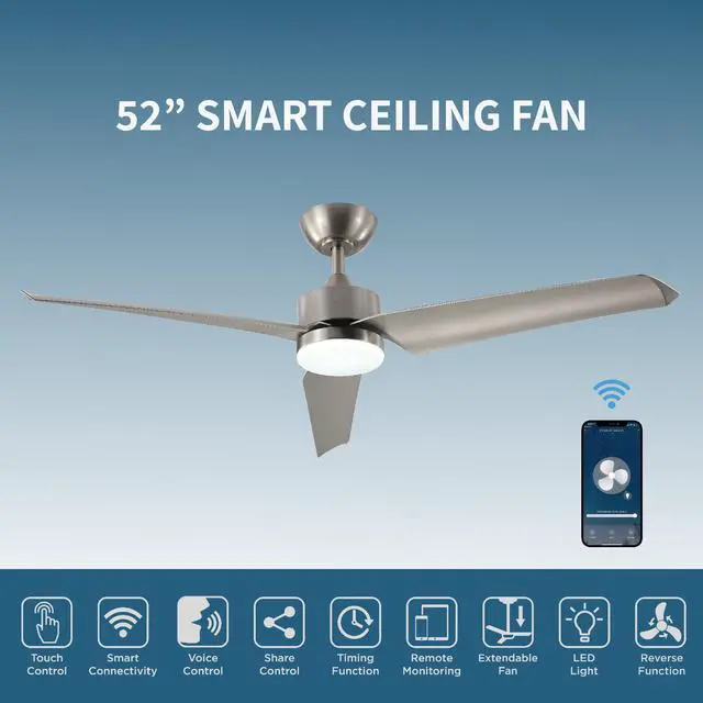 Alt view image 2 of 7 - All Seasons Smart 52 Ceiling Fan with WiFi LED Light, 6 Speeds, Reverse Mode, Works with Alexa & Google