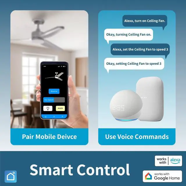 Alt view image 3 of 7 - All Seasons Smart 52 Ceiling Fan with WiFi LED Light, 6 Speeds, Reverse Mode, Works with Alexa & Google