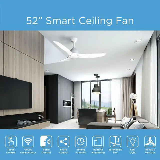 Alt view image 2 of 7 - All Seasons 52 Smart LED Ceiling Fan w/ WiFi 3-Blade, 3 Speeds, Reverse, Alexa & Google Compatible in White