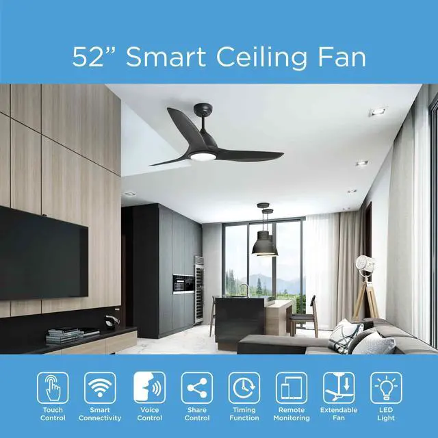 Alt view image 2 of 7 - All Seasons 52 Smart LED Ceiling Fan w/ WiFi 3-Blade, 3 Speeds, Reverse, Alexa & Google Compatible in Black