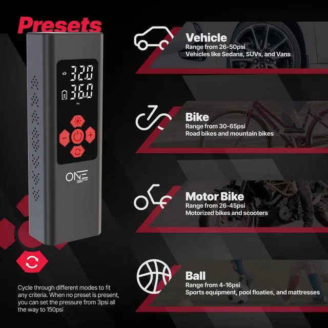Alt view image 5 of 7 - ONE 150 PSI Portable Tire Inflator / Air Compressor Digital LCD, 11.1V Battery, Car & Bike Use