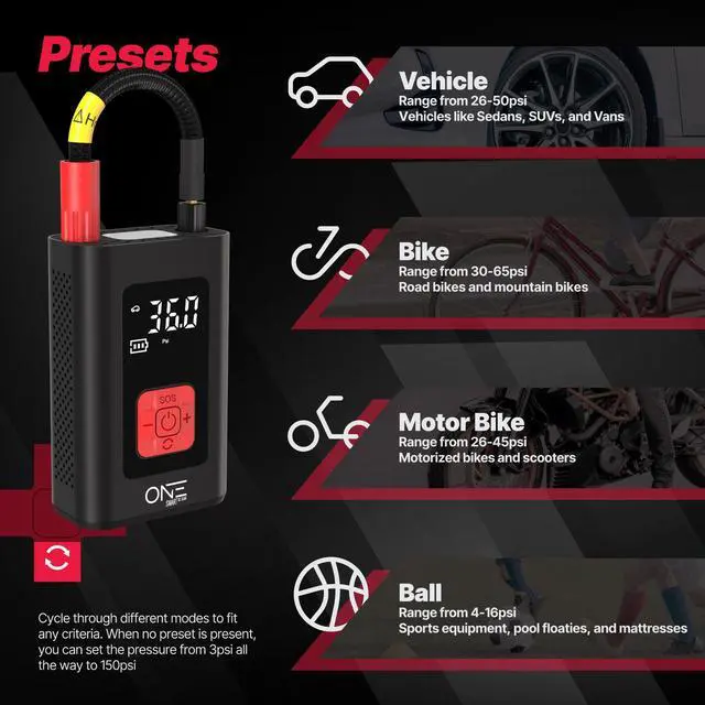 Alt view image 4 of 7 - ONE 150 PSI Portable Tire Inflator 5200 mAh / 7.4 V Battery, Digital LCD, Auto Shut-Off