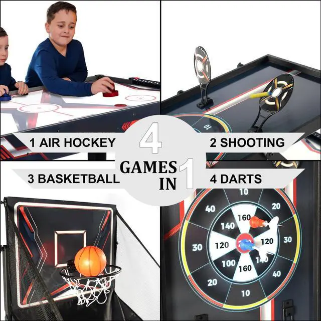 Alt view image 2 of 6 - All-in-One Game Table 4-in-1 Full Package: Air Hockey, Hoop Basketball, Target Shooting, Darts Home Playroom Table