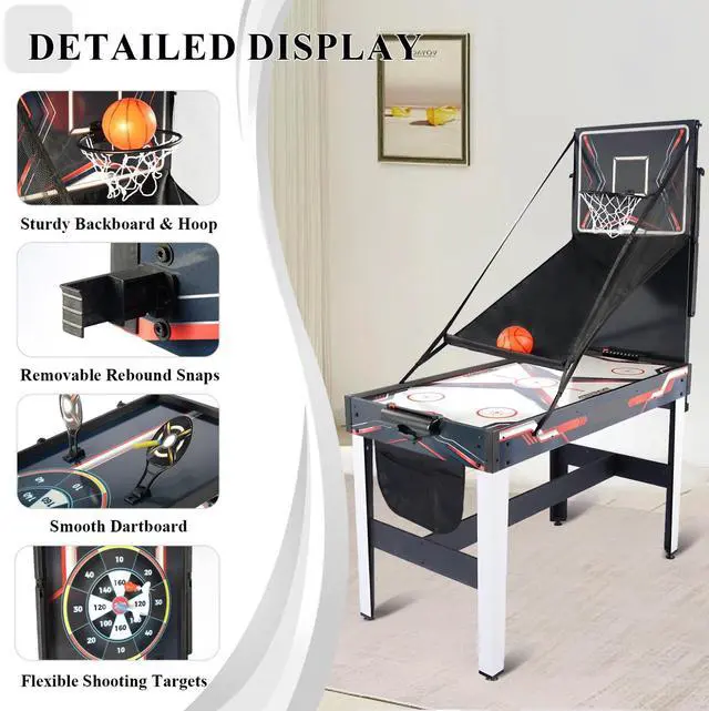 Alt view image 5 of 6 - All-in-One Game Table 4-in-1 Full Package: Air Hockey, Hoop Basketball, Target Shooting, Darts Home Playroom Table