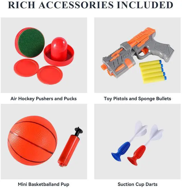 Alt view image 6 of 6 - All-in-One Game Table 4-in-1 Full Package: Air Hockey, Hoop Basketball, Target Shooting, Darts Home Playroom Table