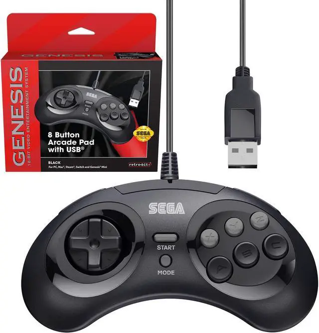 Main image of Retro-Bit Official Sega Genesis USB Controller 8-Button Arcade Pad for PC, Mac, Steam, RetroPie, Raspberry Pi - USB Port - Black