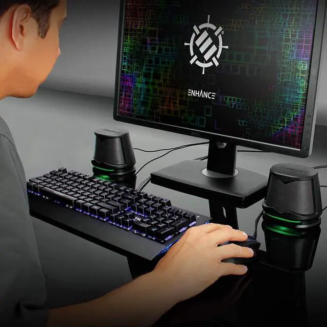 Alt view image 5 of 7 - ENHANCE SB2 Computer Speakers with Green LED Light, 2.0 USB Powered Stereo - Speakers for PC, Work from Home Accessories, Surround Sound with 3.5mm Plug - Compatible with Gaming Laptop, Desktop