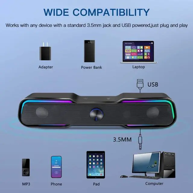 Alt view image 5 of 7 - Computer Speakers,ARCHEER PC RGB Gaming Speakers Wired Computer Soundbar Bluetooth 5.0 USB Powered Desktop Speakers with Stereo Bass LED Light for Desktop PC Laptop Tablet Smartphones (10W/Black)