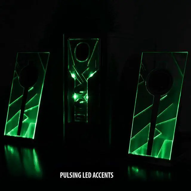 Alt view image 2 of 7 - GOgroove BassPULSE 2.1 Computer Speakers with Green LED Glow Lights and Powered Subwoofer - Gaming Speaker System for Music on Desktop, Laptop, PC with 40 Watts, Heavy Bass