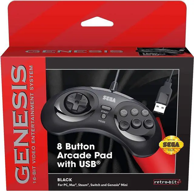 Alt view image 6 of 7 - Retro-Bit Official Sega Genesis USB Controller 8-Button Arcade Pad for PC, Mac, Steam, RetroPie, Raspberry Pi - USB Port - Black