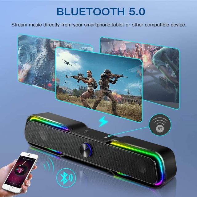 Computer Speakers,ARCHEER PC RGB Gaming Speakers Wired Computer Soundbar  Bluetooth 5.0 USB Powered Desktop Speakers with Stereo Bass LED Light for