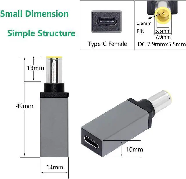 Alt view image 6 of 7 - CERRXIAN 100W PD USB Type C Female Input to DC 7.9mm x 5.5mm Power Charging Adapter for Lenovo Thinkpad T60 T61 T400 T410 T420 T430 T500 T510 T520 T530 X60 Z60 X200 X201 X220(100w-7955a) (Silver grey)
