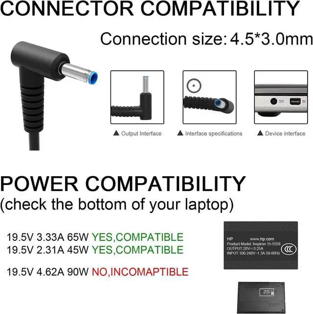 Alt view image 3 of 7 - 19.5V 3.33A 65W Laptop Charger Fit for HP 430 G3 430 G4 430 G5 440 G1 440 G3 440 G4 440 G5 440 G6 450 G3 450 G4 450 G5 450 G6 455 G3 455 G4 455 G5 470 G3 470 G4 470 G5 Power Adapter Supply Cord