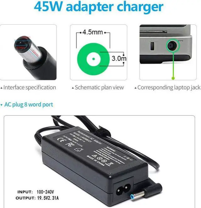 Alt view image 3 of 7 - Ac Adapter Laptop Charger for HP Pavilion X2 x360 14-ax040wm 14-ax020wm 15-f272wm 15-f387wm 15-f233wm 15-f222wm 15-f211wm 15-f337wm 17-g121wm 17-g119dx Notebook Power Supply Cord Plug-45W 19.5V 2.31A