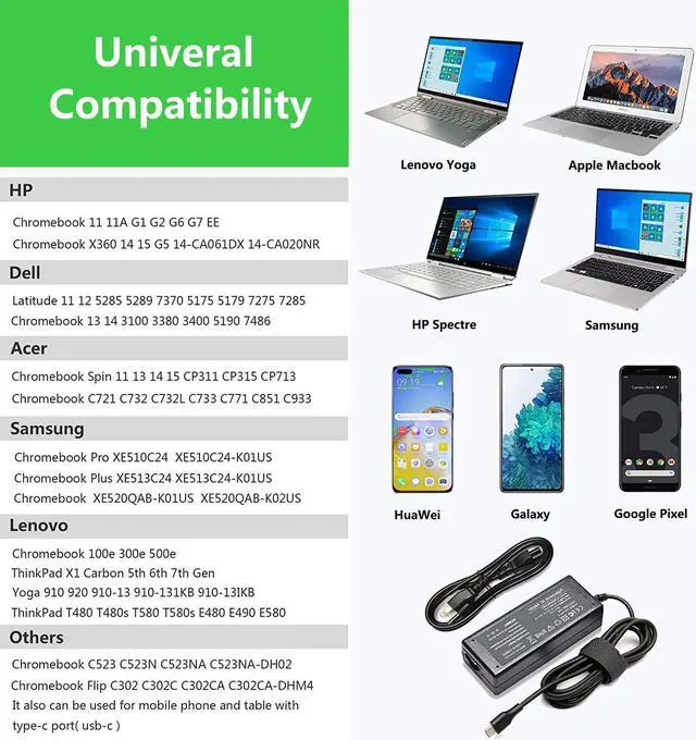 Alt view image 3 of 7 - USB C Laptop Charger 45W for Asus Chromebook Flip C302 C302C C302CA C302CA-DHM4 for Lenovo Chromebook 100e 300e 500e C330 S330 ThinkPad T480 T480s T580 T580s E480 E580?