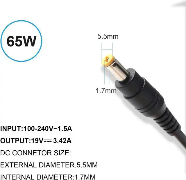 Alt view image 2 of 7 - 19V 3.42A 65W Laptop Adapter Charger for Acer Aspire 5253 7560 5750 5733 5517 5532 5742 5349 5534 4830t 5733z 5750z E15 E5-575 V5-571 ES1-531 ES1-531 V7 V3 R3 R7 S3 E1 M5 Series Power Supply Cord