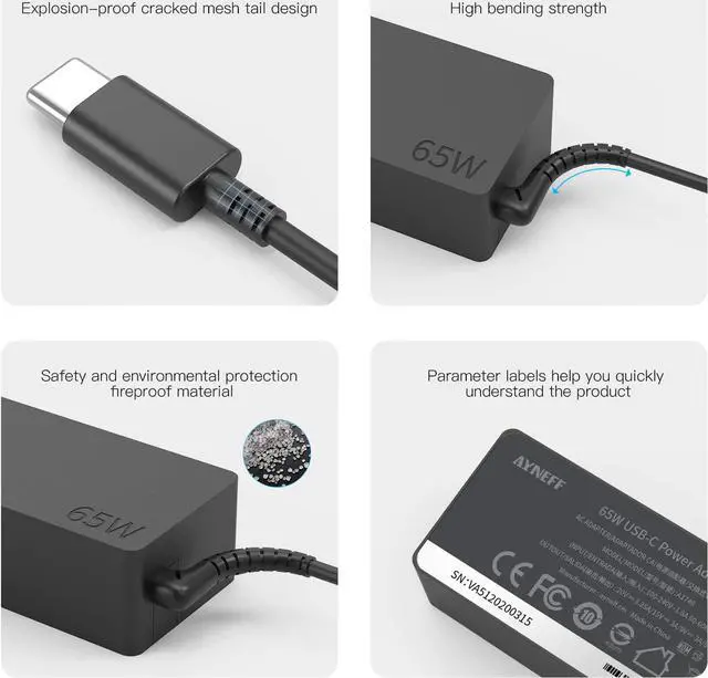 Alt view image 6 of 7 - 65W USB-C Laptop Charger, Chromebook Charger Compatible with Lenovo Chromebook C330 S330 100e 300e 500e Yoga C930 C940 720 ThinkPad T480 T490 T570 T580 with 5.9ft DC USB C Charging Cable