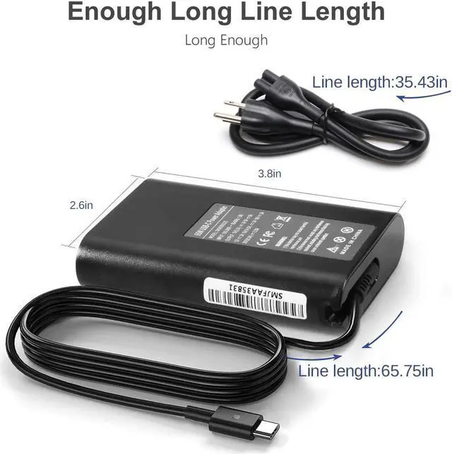 Alt view image 3 of 7 - USB-C Laptop Charger AC Adapter 65W 45W for Dell XPS 12 9250 XPS 13 9350 9360 9365 9370 9380, Latitude 7370 7280 7480 5480 7275 5290 7490 LA65NM170 2YKOF with Type c(USB-C/USBC) Tip Power Supply Cord