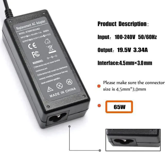 Alt view image 5 of 6 - 65W 45W AC Adapter Charger Compatible for Dell Inspiron 15 3000 5000 Series 3551 3552 3568 5558 5559 5755 5758 7558 7568 7569 7579 XPS 18 1810 XPS 18 1820 Power Supply