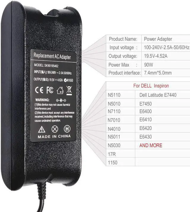 Alt view image 7 of 7 - 90w Laptop Charger for Dell Latitude E6430 E6440 E6410 E6420 E6230 E6330 E6400 E6500 E6520 E6530 E6510 E7250 E7440, Precision M2400 M4400,Latitude 5480 5580 7280 7490 Upgrade Listed Power Adapter