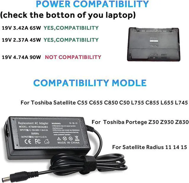 Alt view image 3 of 7 - 65W AC Adapter Charger for Toshiba Satellite C55-B5300 C55-B5353 C55D-A5108 C55D-A5120 C55D-A5206 C55D-A5208 S75 C75D L775 L655 P755 C855-S5194 P75-A7200 P75-A7100 P745-S4102 S855-S5378 L655-S5106