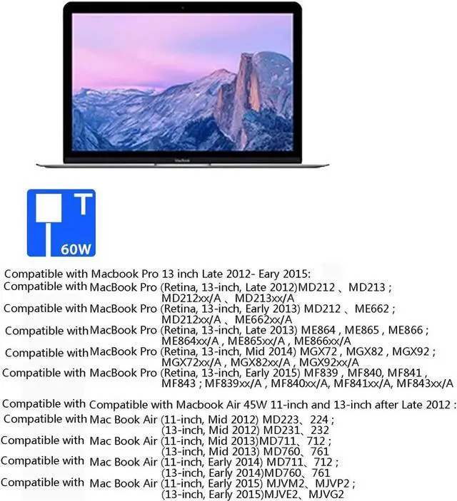 Alt view image 3 of 7 - 60W Charger for Mac Book T-Tip Power Adapter Compatible with MacBook Pro 13 inch for MacBook Air 11-inch 13-inch Laptop Charger A1435 A1465 A1502 A1425