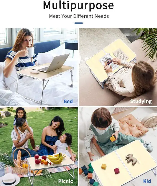 Alt view image 2 of 6 - Foldable Laptop Table for Bed, SUVANE Lap Desk, Bed Desk, Breakfast Serving Bed Tray, Portable Mini Picnic Table Storage Space Laptop Desk Reading Holder(Pine)