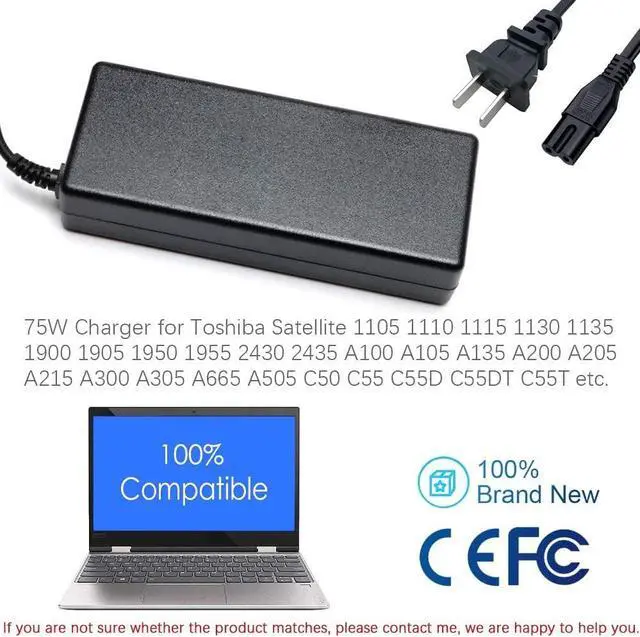 Alt view image 5 of 7 - 75W 19V 3.95A AC Adapter Laptop Charger for Toshiba Satellite PA-1750-04 PA-1750-09 C55 C55D C55T C55DT C55-A C55-B C55-C C50 C75 C75D C655 L655 L755 L755D L775 L855 DC Adapter Power Supply Cord