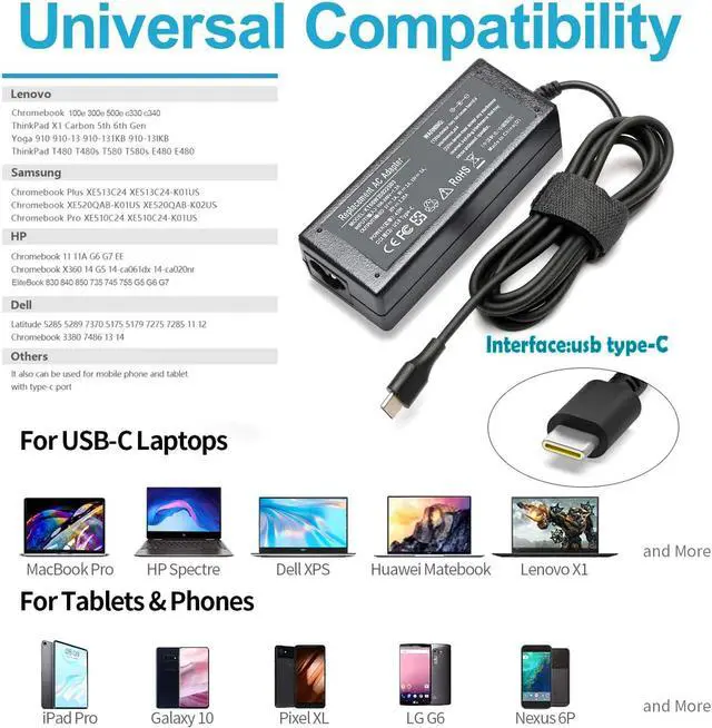 Alt view image 2 of 7 - USB-C Laptop Charger 45W for Lenovo Chromebook 100e 300e 500e c330 s340 c340 ThinkPad T480 T490 T580 T580S T590 X280 E480 E495 E580 E595 P52S X1 Carbon Yoga C740 C940 720 730 910 920 13 ADLX65YDC2A