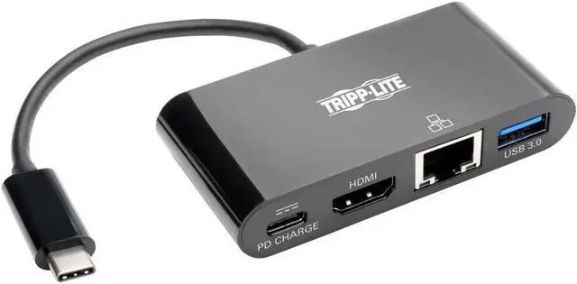 Main image of Tripp Lite USB C to HDMI Multiport Adapter Converter Docking Station with USB-A Hub, Gigabit Ethernet Thunderbolt 3 USB Type C 1080p Black