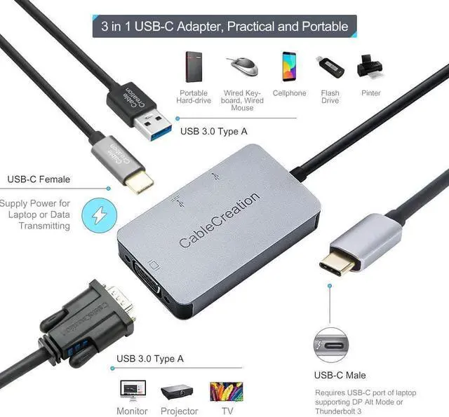 Alt view image 3 of 5 - USB C to VGA Adapter, CableCreation Aluminum 3-in-1 USB-C Hub with 60W PD, 1920x1200@60Hz VGA, USB 3.0 Data Hub for MacBook Pro 2019/2018, XPS 15/13, Surface Book, Galaxy S10, LG G5