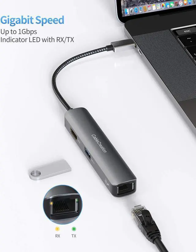 Alt view image 4 of 7 - USB C Hub Multiport Adapter,CableCreation 5-in-1 USB C Adapter Aluminum Shell with 4K HDMI,1Gbps Ethernet,3 USB 3.0 Ports for MacBook Pro/Air 2020/2019,iPad Pro 2020,Surface Go,XPS More Type C Devices