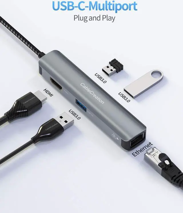 Alt view image 2 of 7 - USB C Hub Multiport Adapter,CableCreation 5-in-1 USB C Adapter Aluminum Shell with 4K HDMI,1Gbps Ethernet,3 USB 3.0 Ports for MacBook Pro/Air 2020/2019,iPad Pro 2020,Surface Go,XPS More Type C Devices