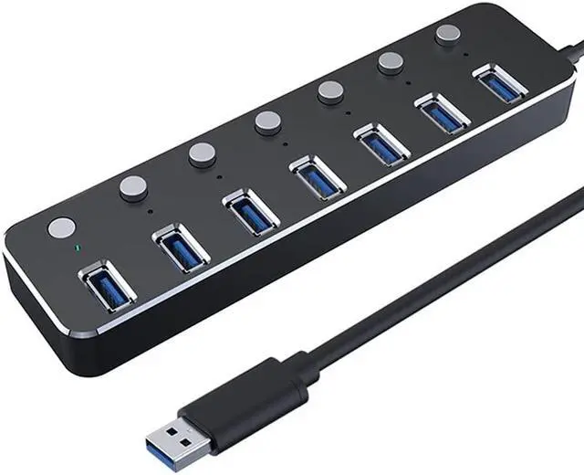 Main image of Aluminum 7-Port USB 3.0 Hub 120cm Cable Sub-Control Switch 5Gbps LED Indicator HUB Chargeable Splitter for Multi USB Devices (Color : Black)