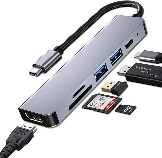 Main image of 6 Ports USB C Hub Adapter, USB C Docking Station with HDMI 4k, USB 3.0, 87W Power Delivery, SD/TF Card Slots, for MacBook Series