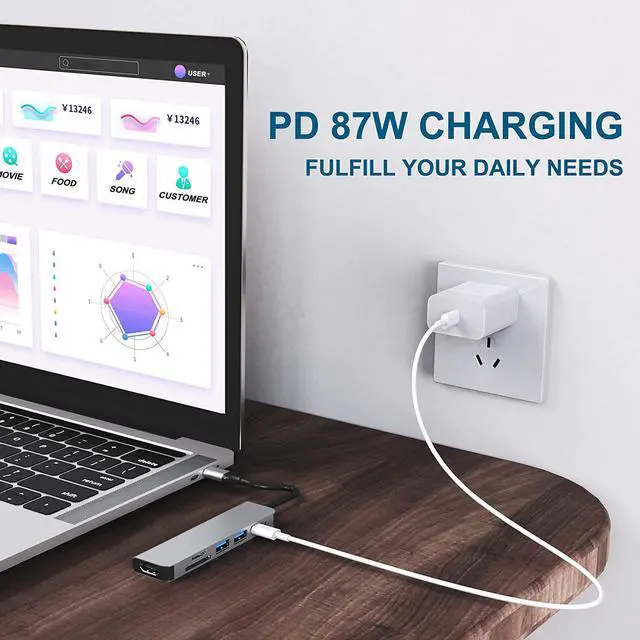 Alt view image 4 of 7 - 6 Ports USB C Hub Adapter, USB C Docking Station with HDMI 4k, USB 3.0, 87W Power Delivery, SD/TF Card Slots, for MacBook Series