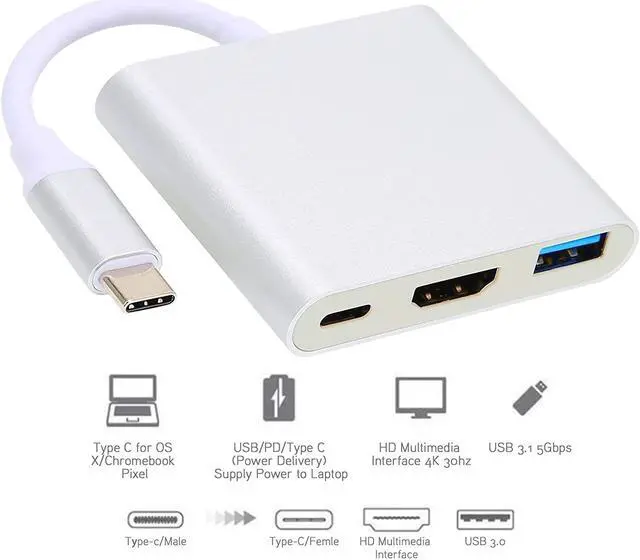 Alt view image 5 of 7 - USB C Hub HDMI Adapter,4K 3 in 1 Type?C Docking Station,Type?C to HDMI Compatible/USB/PD Multi?Port Adapter,PD Fast Charge,USB 3.0 Port 5Gbps,for Laptops/Phones/Tablets(Silver)