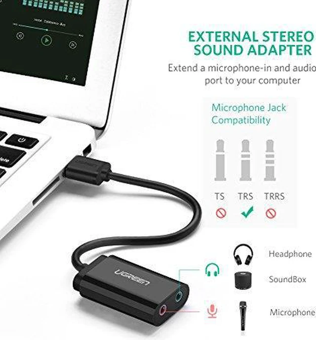 Alt view image 3 of 7 - UGREEN USB Audio Adapter External Stereo Sound Card With 3.5mm Headphone And Microphone Jack For Windows, Mac, Linux, PC, Laptops, Desktops, PS4 (Black)