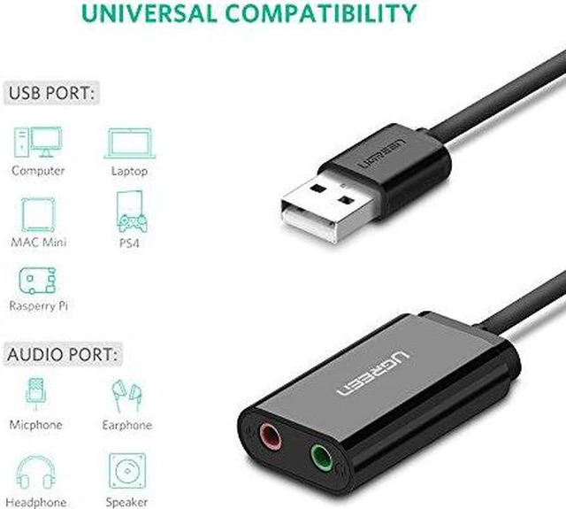 Alt view image 2 of 7 - UGREEN USB Audio Adapter External Stereo Sound Card With 3.5mm Headphone And Microphone Jack For Windows, Mac, Linux, PC, Laptops, Desktops, PS4 (Black)
