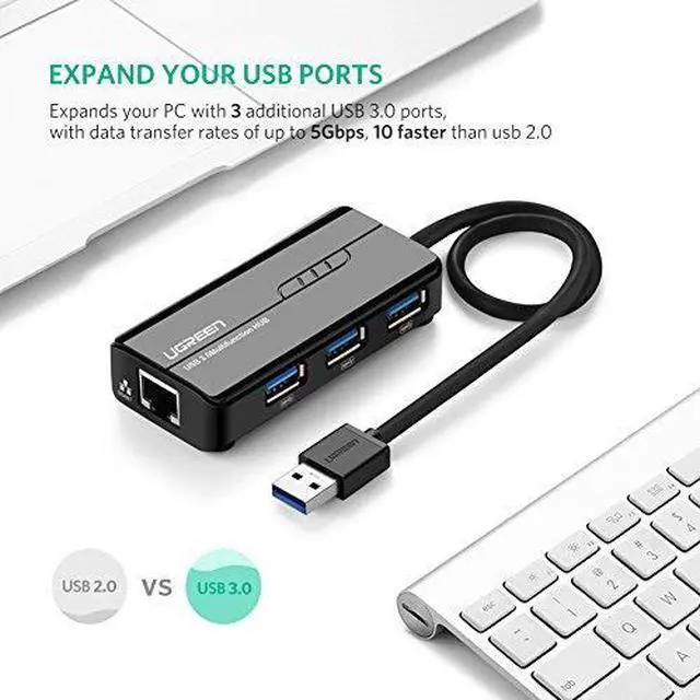 Alt view image 2 of 7 - UGREEN Ethernet Adapter USB Gigabit Network Adapter 10/100/1000Mbps/1 Gbps with USB 3.0 Hub 3 Ports for Nintendo Switch, Wii, Windows Surface Pro, MacBook Air/Retina, iMac Pro, Chromebook, and More PC
